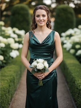 Satin Emerald Green Cowl Neck Wedding Dress